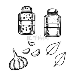 香料素描图片_盐和胡椒瓶、带手套的新鲜大蒜蔬