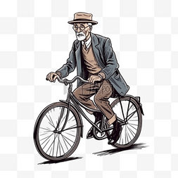 手绘卡通骑自行车老人