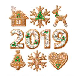 树新年装饰图案图片_圣诞姜饼现实主义插图集2019年新