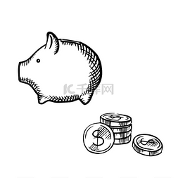 动物牛储蓄罐图片_带有一叠美元硬币的存钱罐，在白