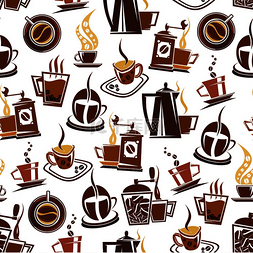 蒸汽咖啡机图片_咖啡机、杯子和豆子无缝模式。