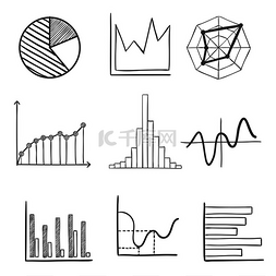 股票钱图标图片_带有饼图、条形图、波动图和信息