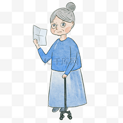 戴眼镜的化学老师图片_卡通水彩蓝色老太太