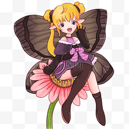 蝴蝶精灵女孩坐在鲜花上卡通水彩