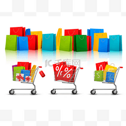 购物袋和标签图片_背景与购物袋颜色和购物车与销售