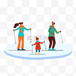 冬季扁平矢量木屋图片_雪地家庭滑雪运动扁平风格插画