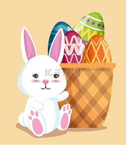 快乐的兔子与鸡蛋装饰在篮子里
