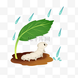 卡通动物躲雨图片_绿叶下躲雨的春蚕