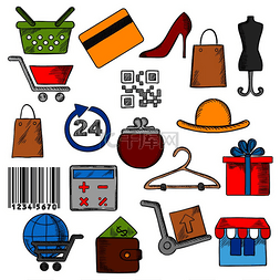 购物、零售业和商业图标，包括购