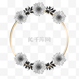 金线花卉图片_素描向日葵金线圆形边框