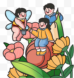 植物夸张图片_描边漫画小人国蜜蜂蜗牛植物春天