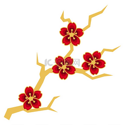 红色中国传统图片_盛开的樱花分支的插图。