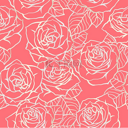粉红色的布图片_带有轮廓玫瑰的无缝图案美丽逼真