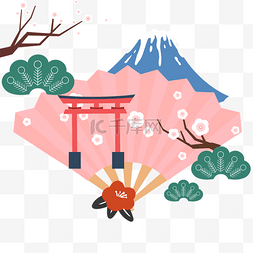 日本旅游扇子图片_粉色扇子富士山鸟居