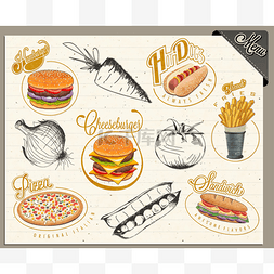 手绘快餐食品图片_复古怀旧风格的快餐食品设计