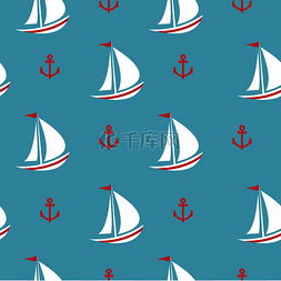 船锚矢量图案图片_无缝夏季图案蓝底白帆的游艇红色