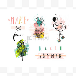抽象手绘火烈鸟图片_手绘矢量抽象的夏季节日元素设置