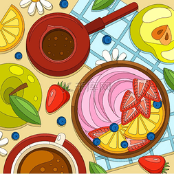 水果和酸奶图片_用桌面视图着色早餐酸奶成分用水