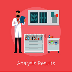 医院实验图片_分析结果海报，医生将文件放在医