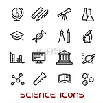 科学和教育细线图标与大学和书籍、实验室眼镜和计算机、显微镜和地球仪、毕业帽和铅笔、指南针和 dna、原子和生物危害、电和氧气。