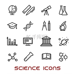 物理教育图片_科学和教育细线图标与大学和书籍