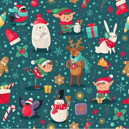 圣诞老人雪人鹿图片_圣诞人物无缝图案圣诞老人助手鹿