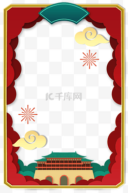 春节海报边框素材图片_新年新春浮雕红金剪纸风古建筑祥
