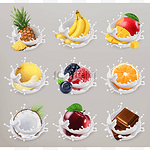 水果、浆果和酸奶。芒果，香蕉，菠萝，苹果，橙，巧克力，甜瓜，椰子。3D矢量图标集2