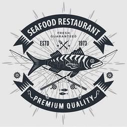 海鲜餐厅标志与鱼和钓鱼竿。复古