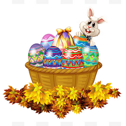 一篮子的复活节彩蛋和兔子