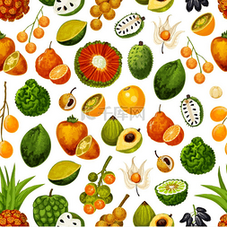 莫兰迪色彩背景图片_异国情调的水果无缝图案背景。