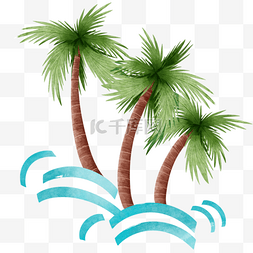 水彩棕榈树与海浪