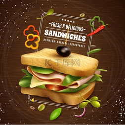 美味的菜单图片_新鲜三明治木制背景广告海报美味