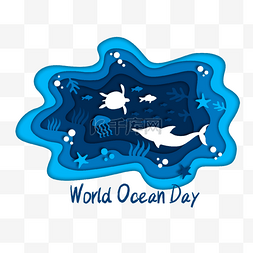 剪纸风格世界海洋日海底海龟海豚