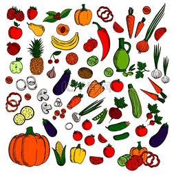 黑白刻痕图片_新鲜水果和蔬菜配番茄、玉米、胡