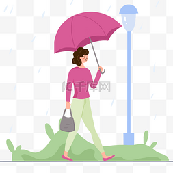 不打伞淋雨的图片_拿着包的女人雨中打伞插画