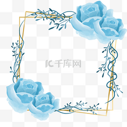 蓝色玫瑰花植物叶子婚礼边框