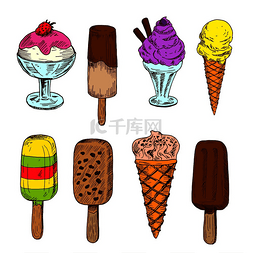 冰淇淋草莓图片_牛奶和黑巧克力冰淇淋棒在棍子上