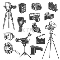 矢量复古相机图片_电影制片厂设备、电影拍摄复古矢