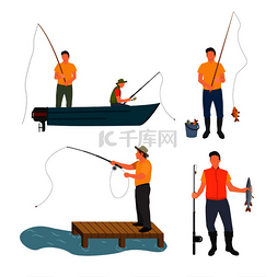 矢量钓鱼竿图片_白色矢量横幅上孤立的捕鱼过程，