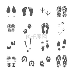 各种脚印在白色上设置黑色。