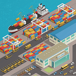 货运驳船港口码头等距图停泊在港口码头的货运驳船码头边装载五颜六色的集装箱等距合成矢量图