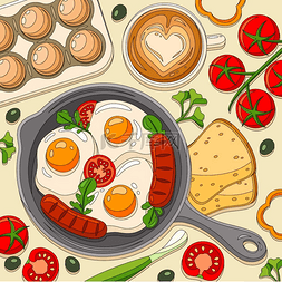 炒菜单图片_用煎锅和番茄炒香肠为早餐煎蛋吐