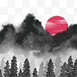 插画远山背景图片_黑色泼墨画日出山林