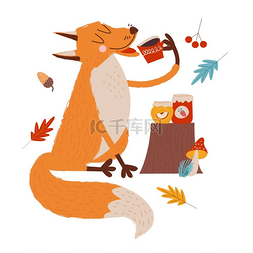 你好秋天秋天的一天滑稽的红狐狸