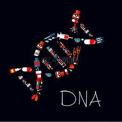 基因dna链图片_带有药丸、胶囊、注射器和药瓶、