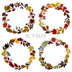 红色叶子的树图片_落叶圆形框架和边框由五颜六色的