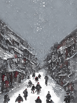 喜庆的红灯笼图片_下雪的街道