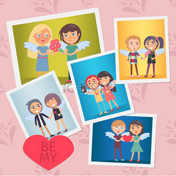 送礼物照片图片_一组情人节卡片矢量插图，快乐的