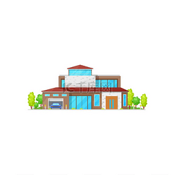 建筑小图标图片_车库里有车的现代房子，绿树成荫